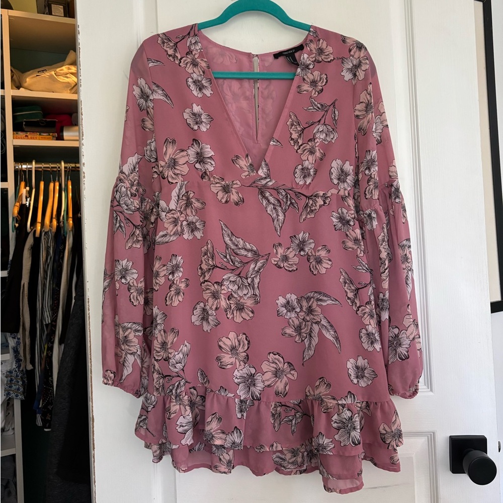 Floral Pink V-Neck Women's Dress